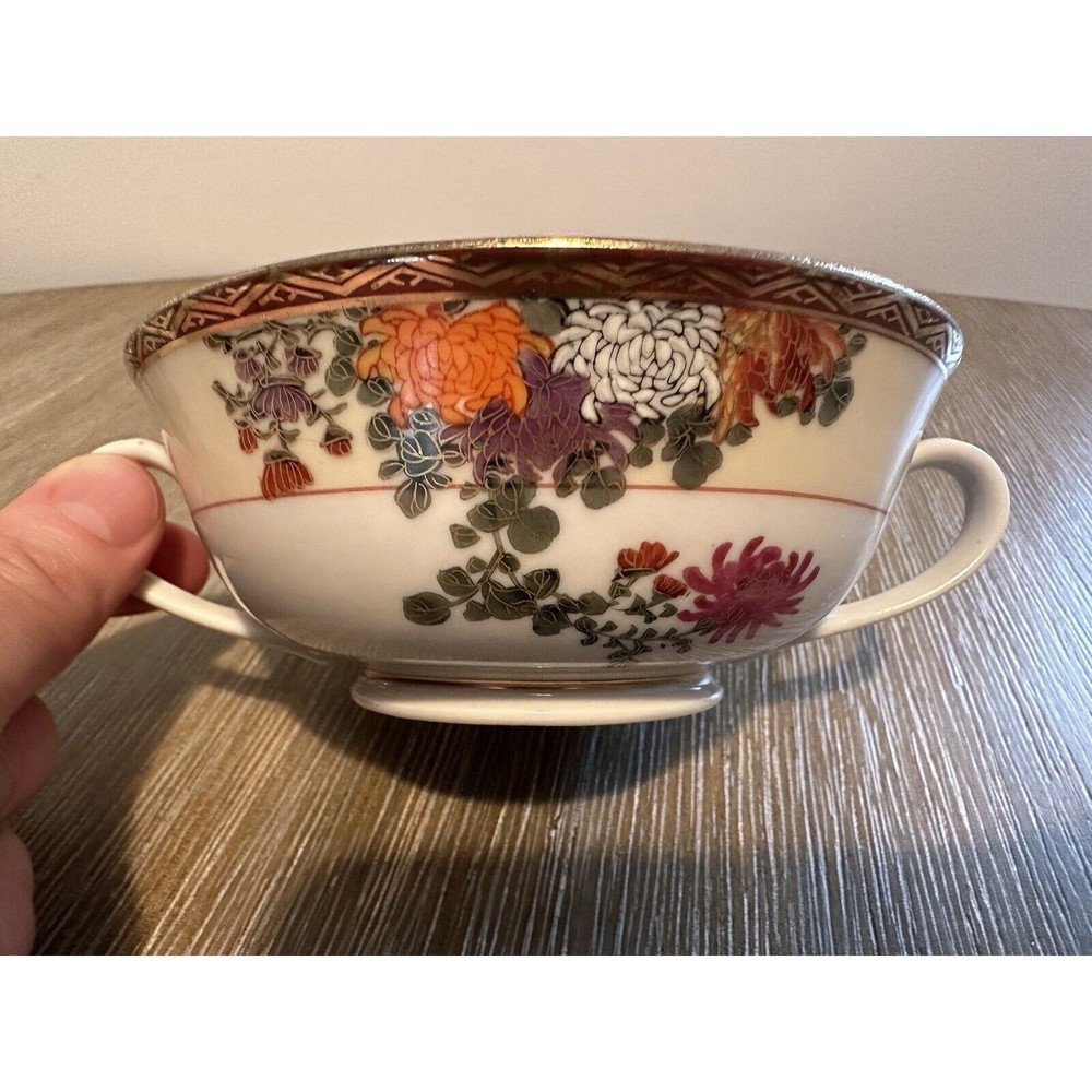 Set of 5 Bouillon/Soup Cups, Hand-Painted Floral Mums Porcelain Japanese